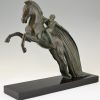 Sculpture Art Deco femme nue au cheval cabrant