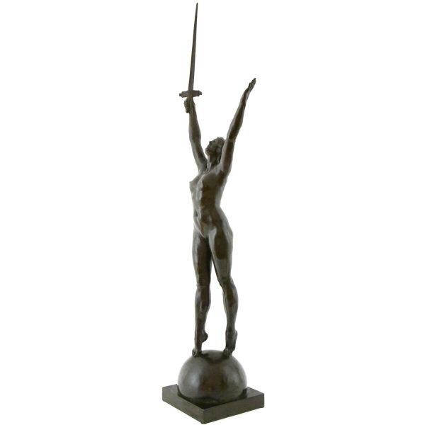 Deliverance, bronze sculpture of a nude with sword