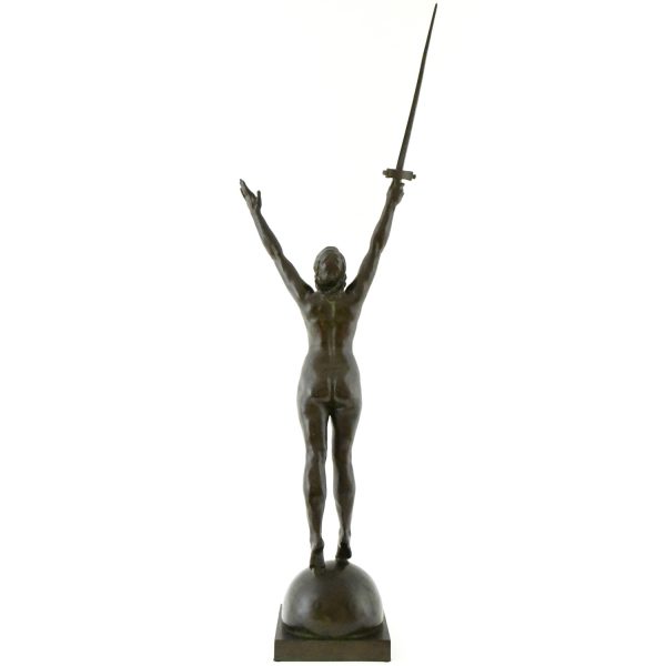 Deliverance, bronze sculpture of a nude with sword