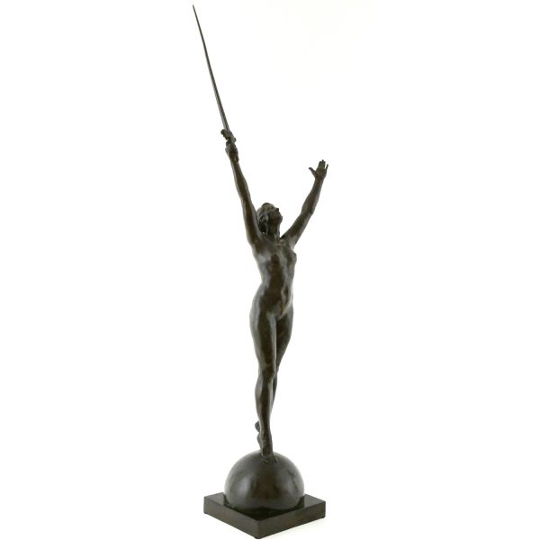 Deliverance, bronze sculpture of a nude with sword