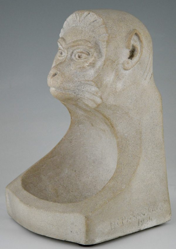 Art Deco stone sculpture with monkey