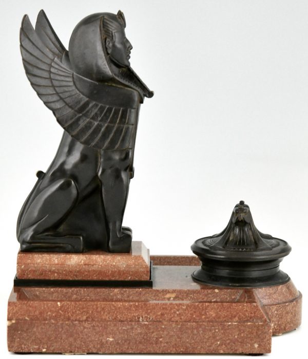 Art Deco bronze and marble sphynx inkwell Egyptian revival