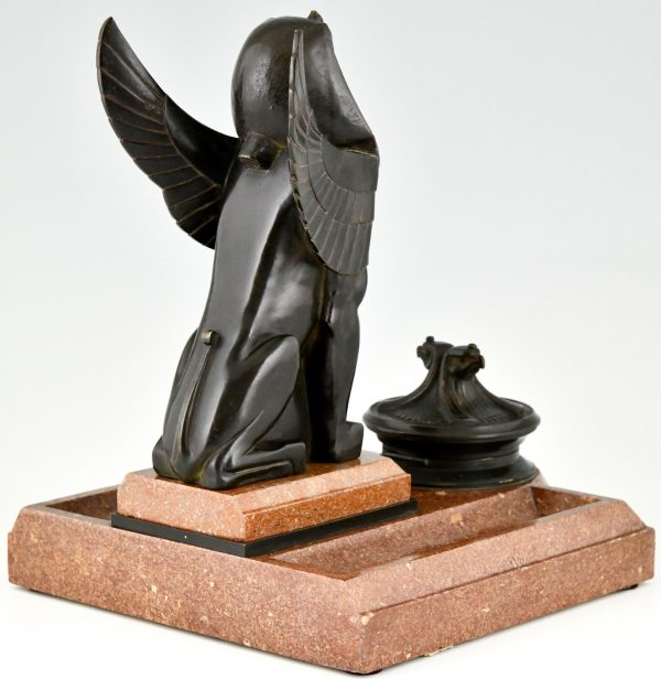 Art Deco Tintenfass Sphinx und Adler Bronze Marmor