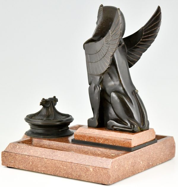 Art Deco Tintenfass Sphinx und Adler Bronze Marmor