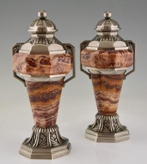 French Art Deco marble and bronze urns