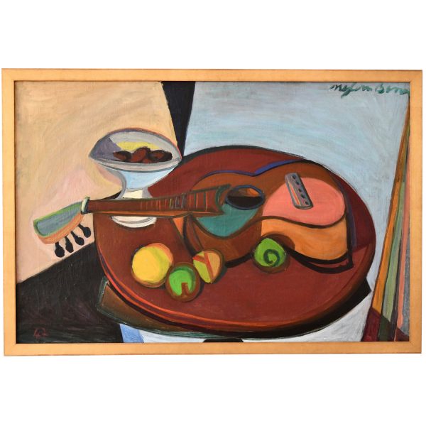 Kubistisch schilderij stilleven gitaar en fruit op een tafel