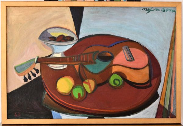 Tableau cubiste nature morte guitare et fruits sur une table