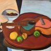 Kubistisch schilderij stilleven gitaar en fruit op een tafel