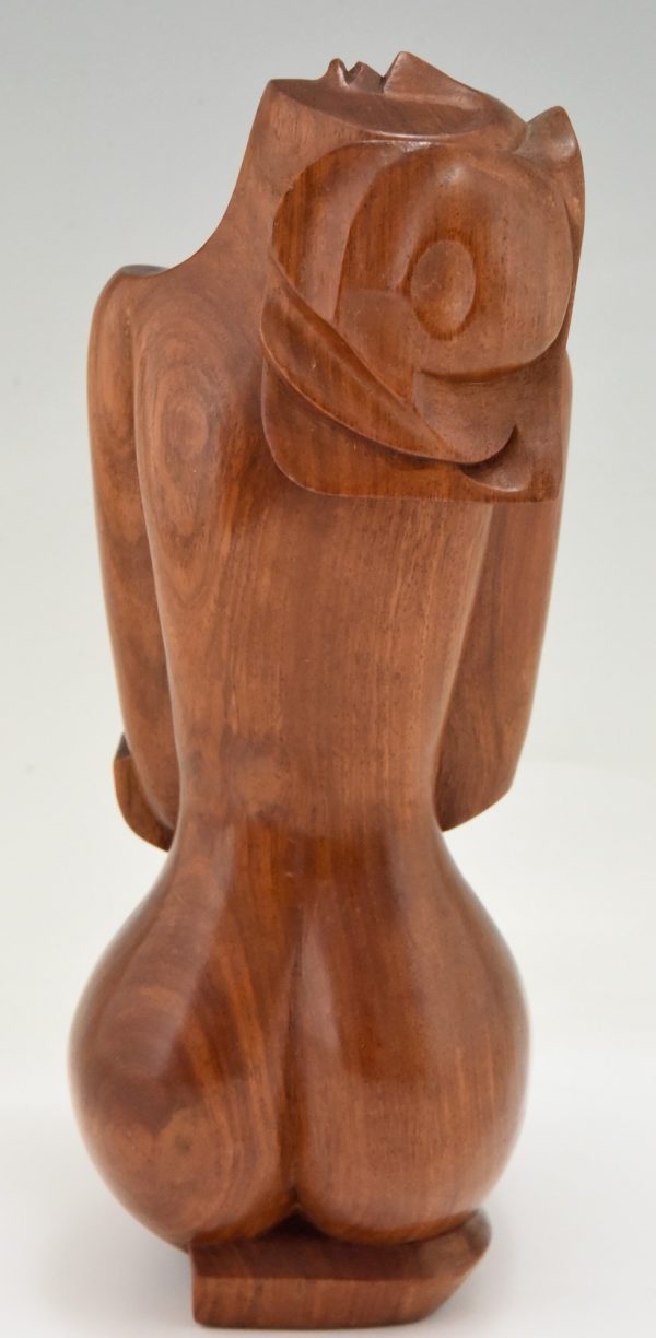 Cubist hand carved wooden sculpture of a seated nude
