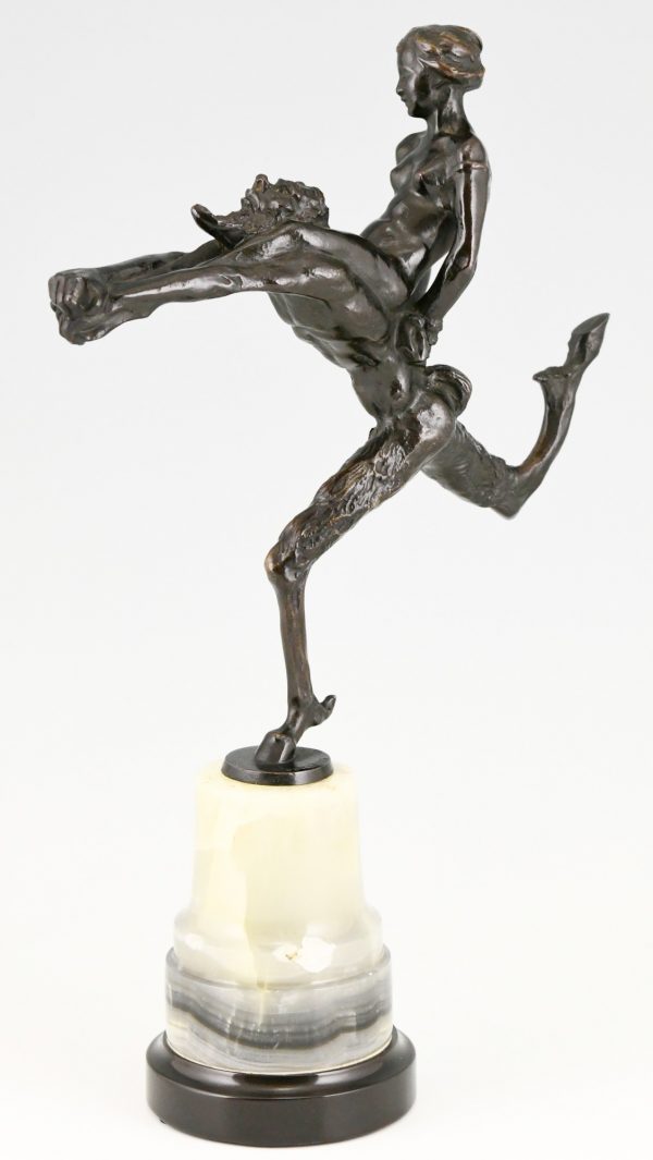 Art Nouveau bronze sculpture satyr and nude