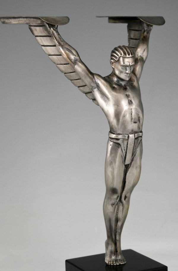 Icarus Art Deco bronze sculpture of a winged athlete