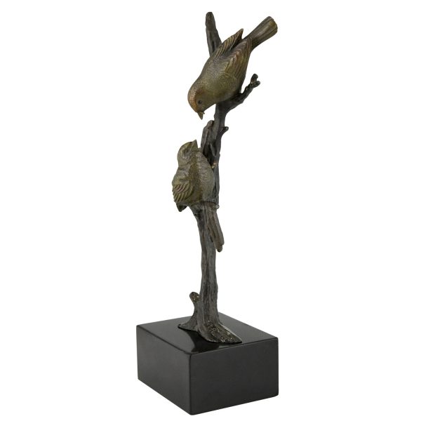 Sculpture en bronze Art Deco deux oiseaux sur une branche