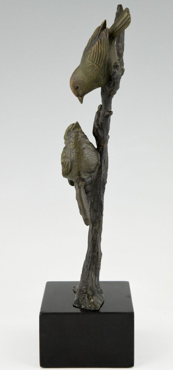 Sculpture en bronze Art Deco deux oiseaux sur une branche