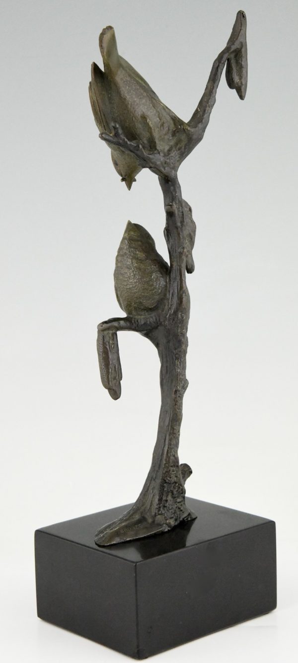 Sculpture en bronze Art Deco deux oiseaux sur une branche