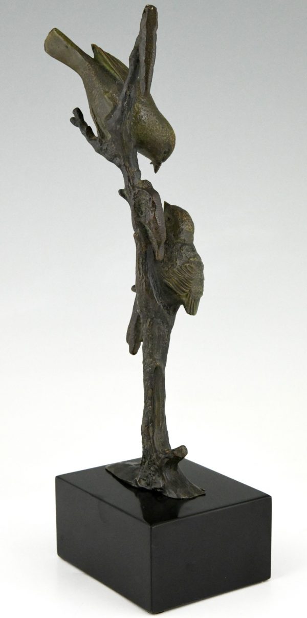 Sculpture en bronze Art Deco deux oiseaux sur une branche