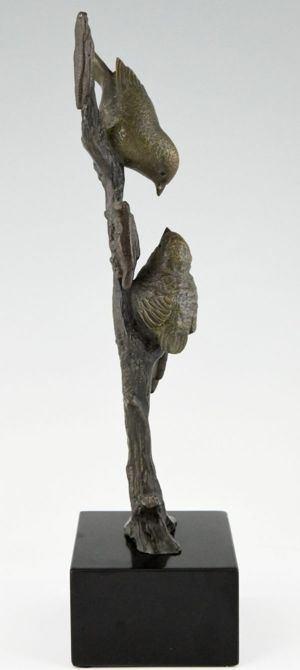 Sculpture en bronze Art Deco deux oiseaux sur une branche