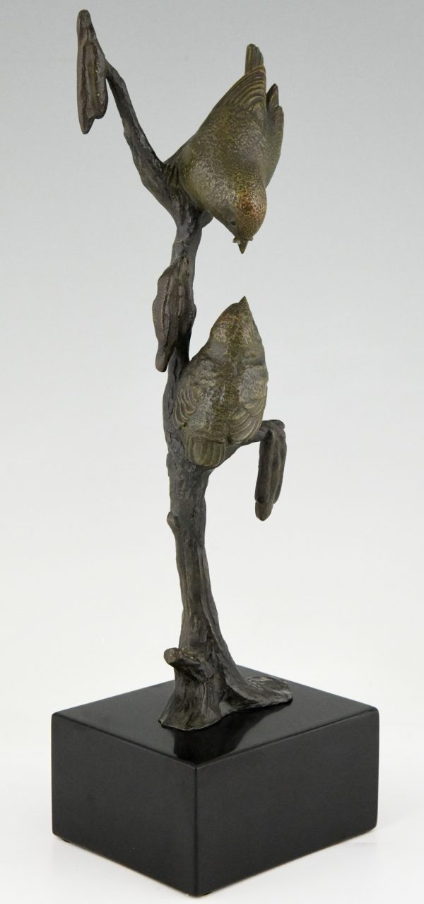 Sculpture en bronze Art Deco deux oiseaux sur une branche