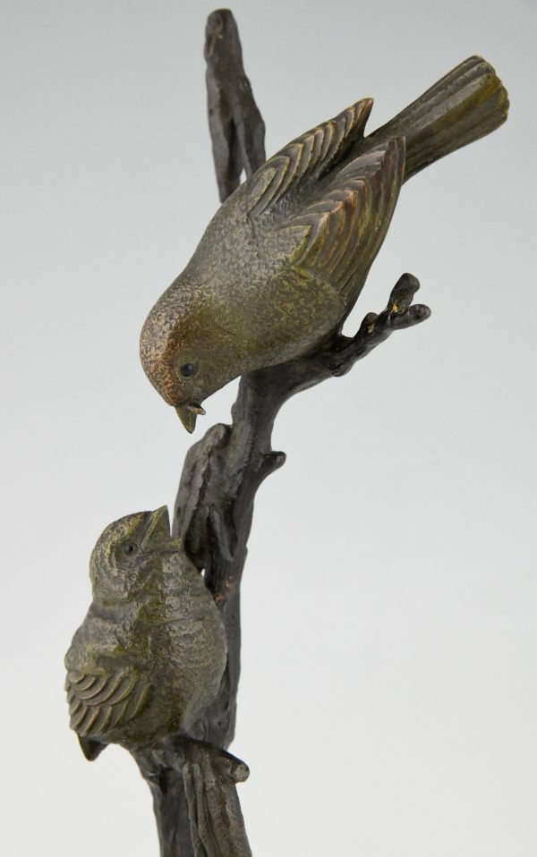 Art Deco bronzen sculptuur twee vogels op tak