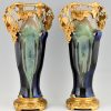 Impressive pair of Art Nouveau ceramic and bronze vases