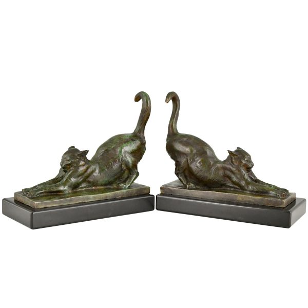 Art Deco bronzen boekensteunen met katten