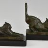 Art Deco Buchstützen in Bronze mit Katzen