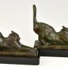 Art Deco Buchstützen in Bronze mit Katzen