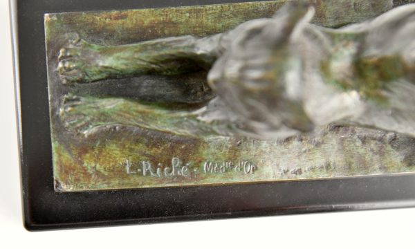 Art Deco Buchstützen in Bronze mit Katzen