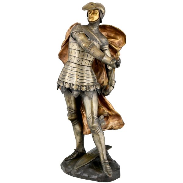 Art Nouveau bronze sculpture of a knight in armor H. 27 Inch.