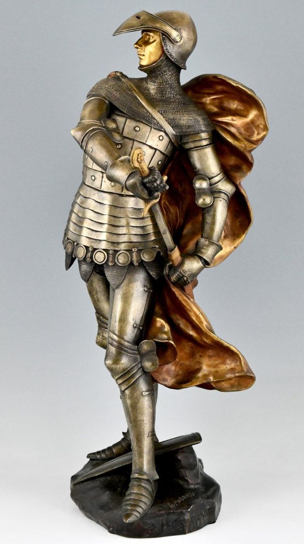 Art Nouveau bronze sculpture of a knight in armor H. 27 Inch.