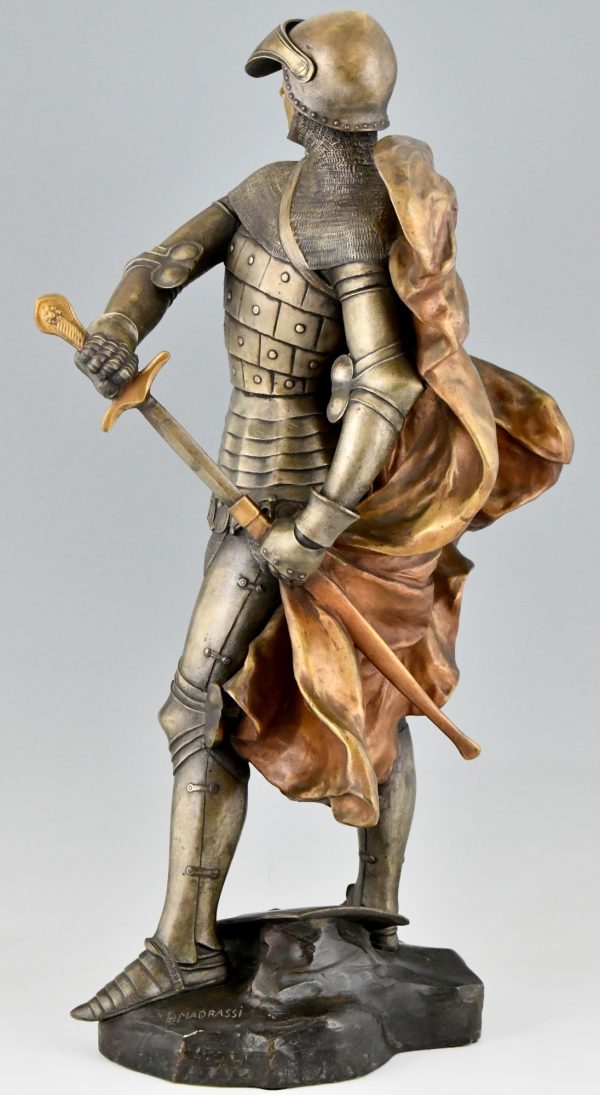 Art Nouveau bronze sculpture of a knight in armor H. 27 Inch.