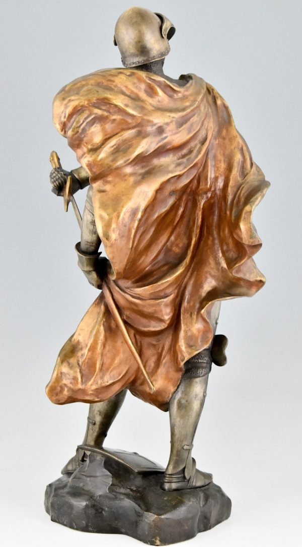 Art Nouveau bronze sculpture of a knight in armor H. 27 Inch.