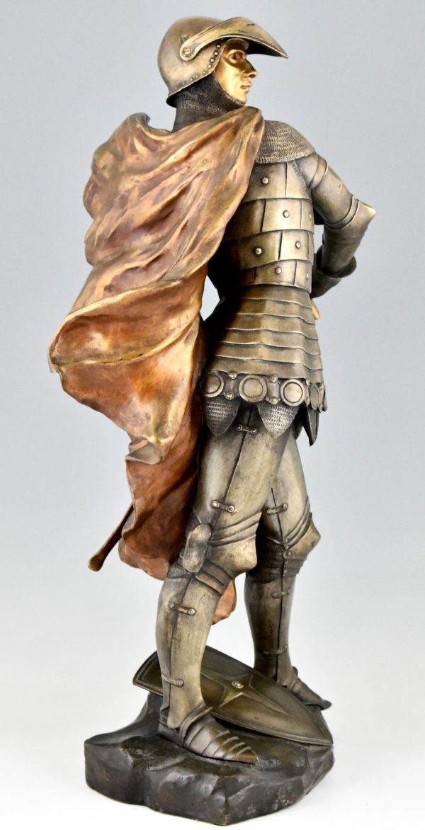 Art Nouveau bronze sculpture of a knight in armor H. 27 Inch.