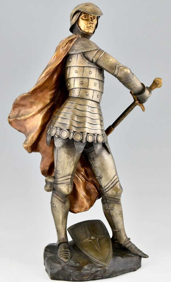 Art Nouveau bronze sculpture of a knight in armor H. 27 Inch.