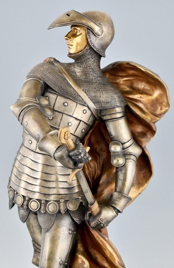 Art Nouveau bronze sculpture of a knight in armor H. 27 Inch.