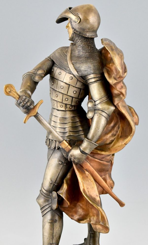 Art Nouveau bronze sculpture of a knight in armor H. 27 Inch.