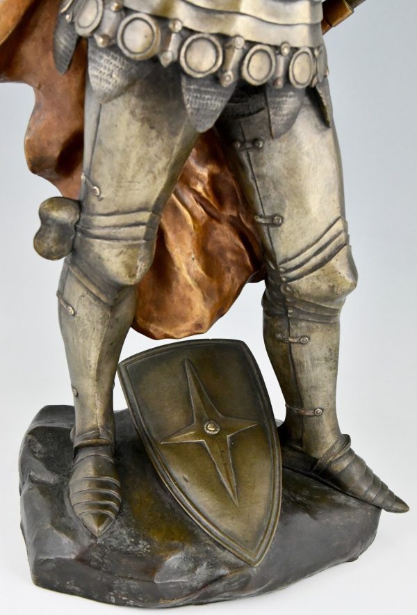 Art Nouveau bronze sculpture of a knight in armor H. 27 Inch.