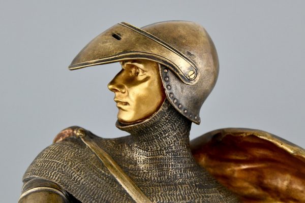 Art Nouveau bronze sculpture of a knight in armor H. 27 Inch.