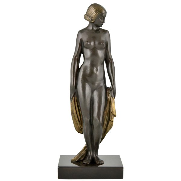 Art Deco bronzen sculptuur naakte vrouw met sluier