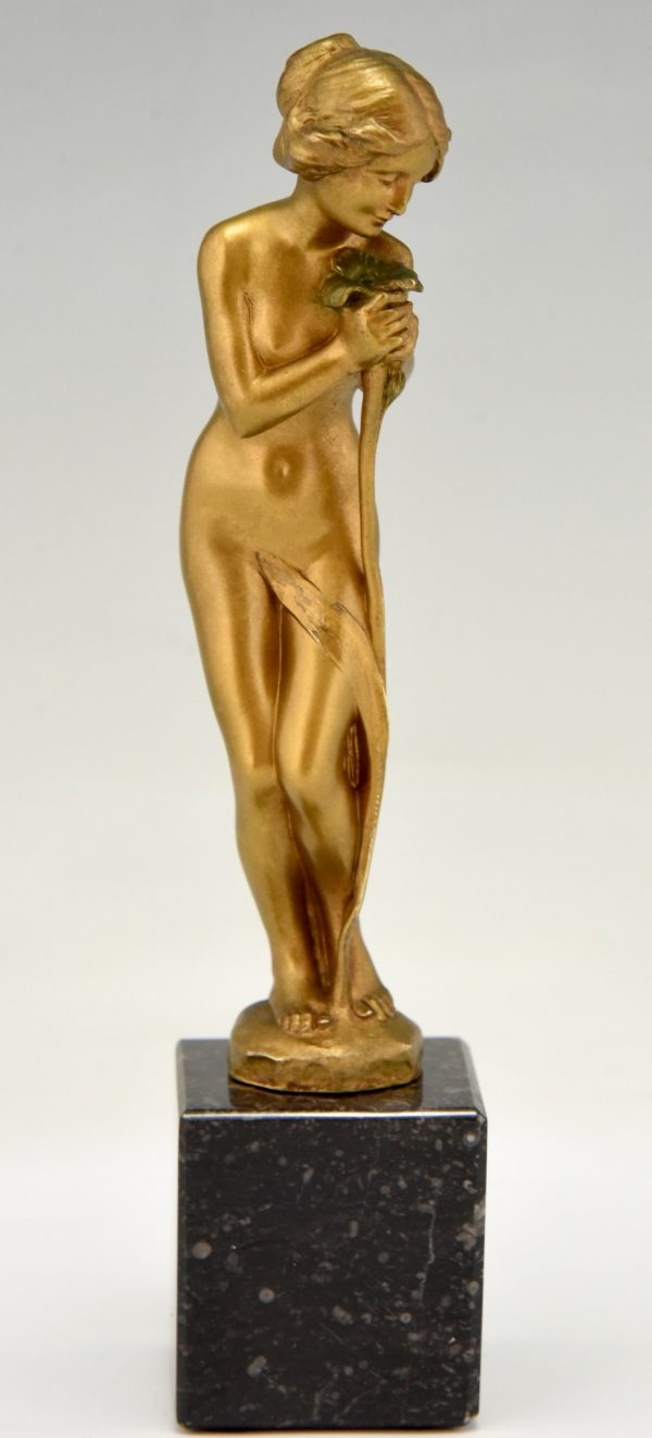 Art Nouveau bronze sculpture nude with flower