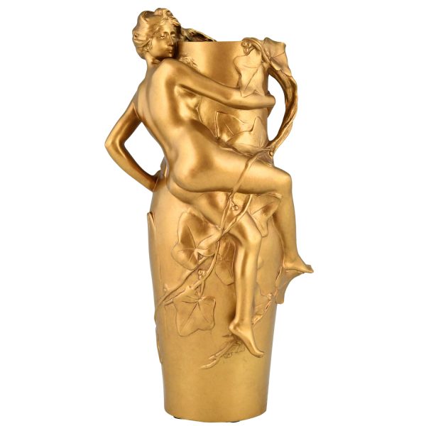 Jugendstil Vase Bronze vergoldet mit Frau und Blätter