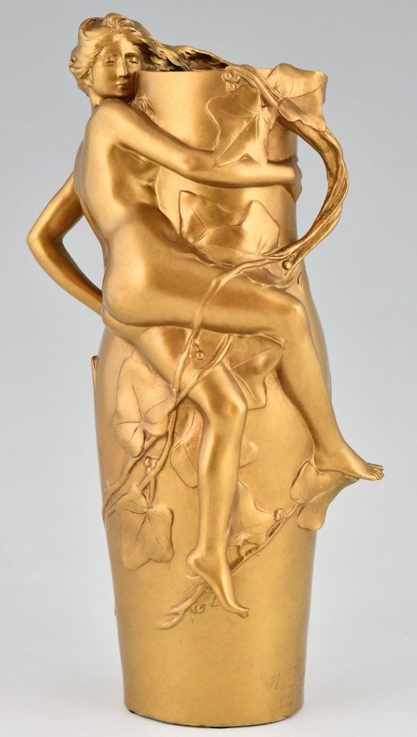 Jugendstil Vase Bronze vergoldet mit Frau und Blätter