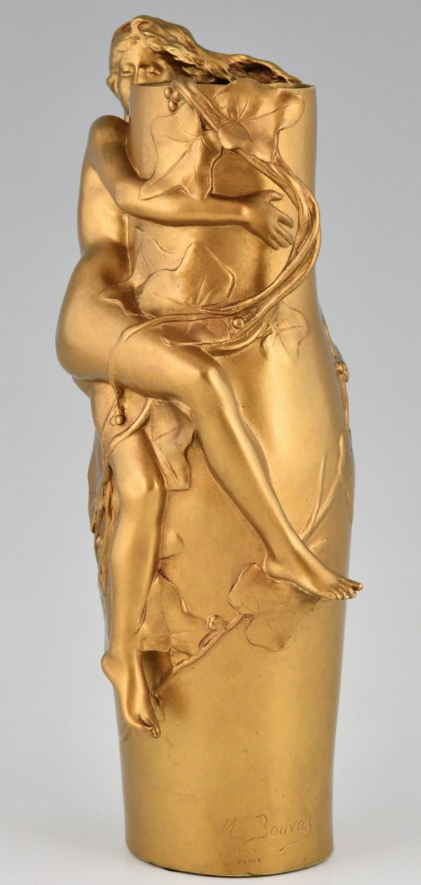 Jugendstil Vase Bronze vergoldet mit Frau und Blätter