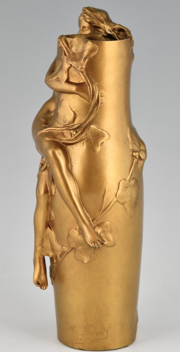 Jugendstil Vase Bronze vergoldet mit Frau und Blätter