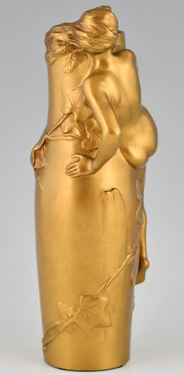 Jugendstil Vase Bronze vergoldet mit Frau und Blätter