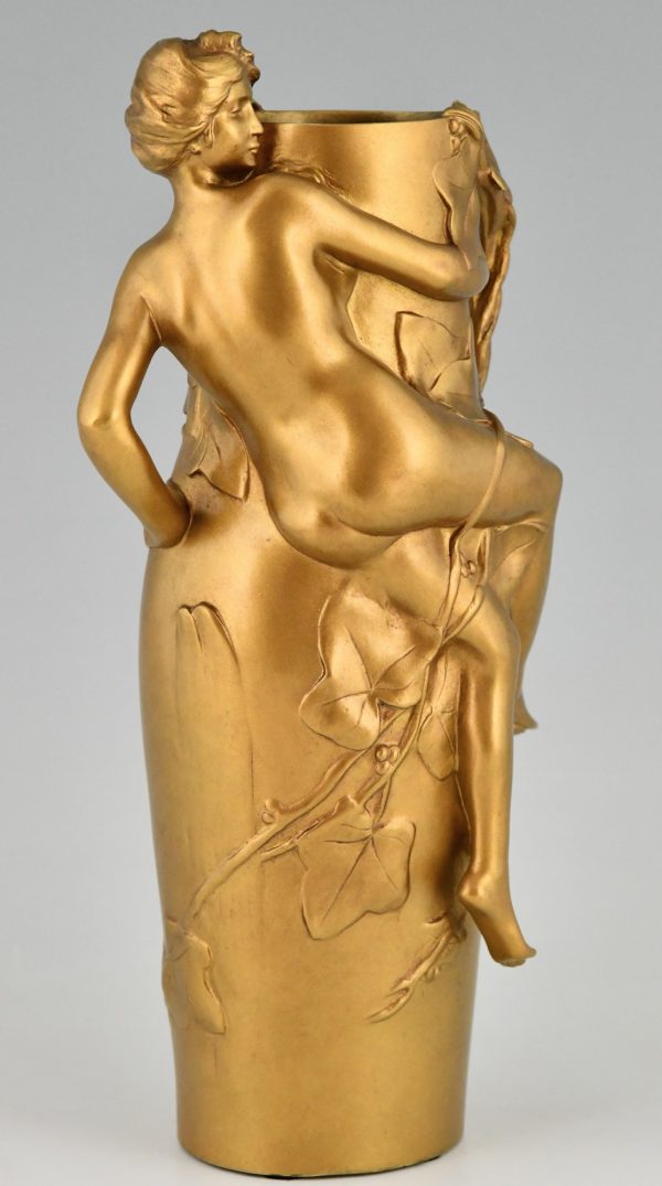 Jugendstil Vase Bronze vergoldet mit Frau und Blätter