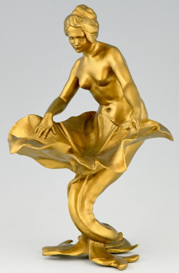 Art Nouveau sculptural tray nude mermaid with flower