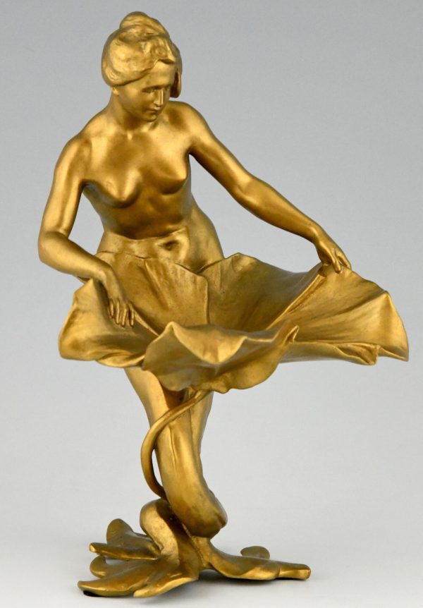 Art Nouveau sculptural tray nude mermaid with flower