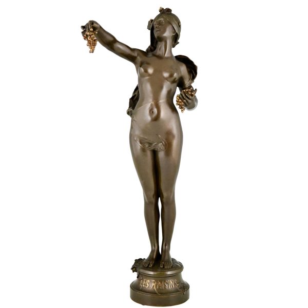 Les Raisins, Art Nouveau bronze sculpture nude with grapes