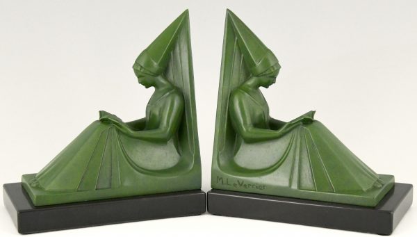 Art Deco bookends reading Medieval ladies