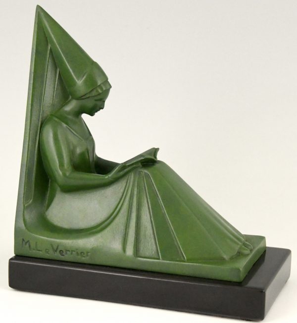 Art Deco bookends reading Medieval ladies